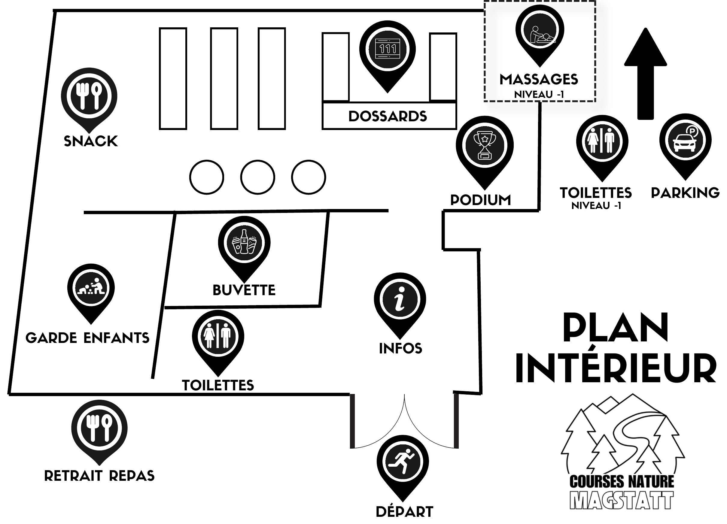 Plan intérieur de la Salle de la Menuiserie : dossards, infos, snack, buvette, garde d'enfants, podium, retrait des repas, départ, toilettes, ainsi que les massages et les toilettes au niveau -1 et le parking